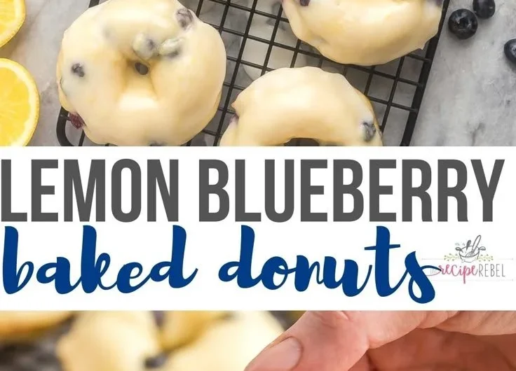 Baked lemon blueberry donuts topped with glaze and fresh blueberries