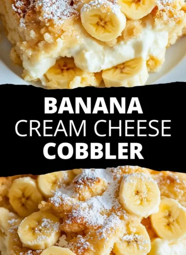 Delicious Banana Cream Cheese Cobbler served in a dish