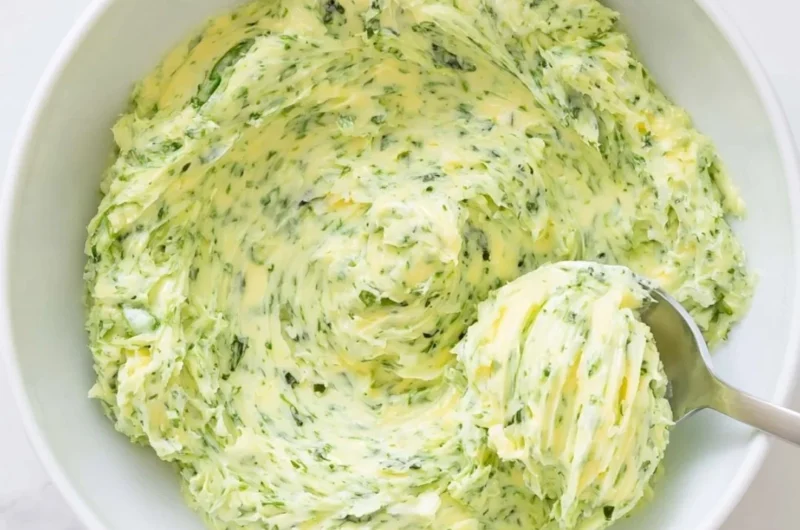 Basil pesto butter spread on fresh bread with a garnish of basil leaves