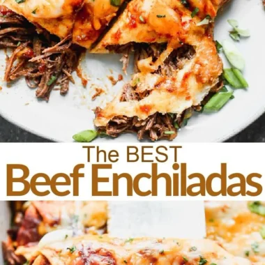 Delicious beef enchiladas topped with cheese and served with salsa