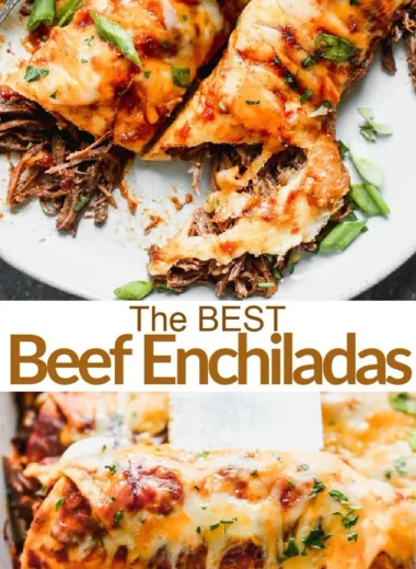 Delicious beef enchiladas topped with cheese and served with salsa