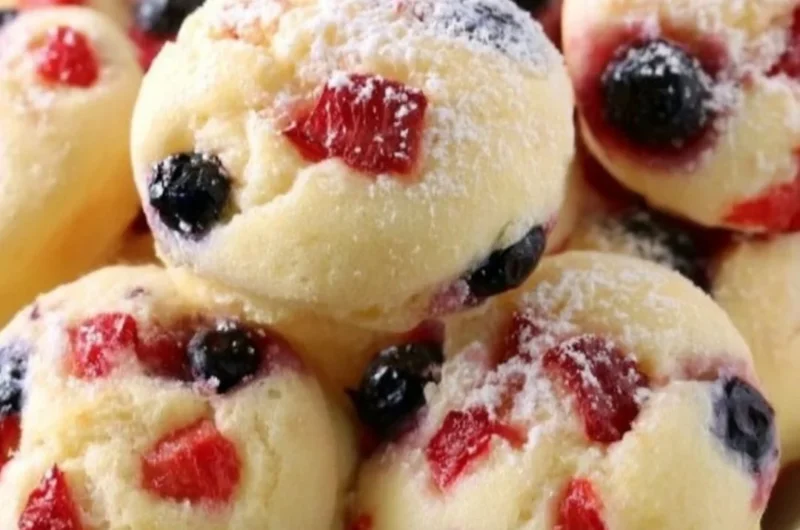 Berry protein pancake bites stacked on a plate, topped with fresh berries.