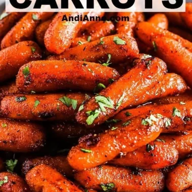 Dish of brown sugar roasted carrots garnished with herbs