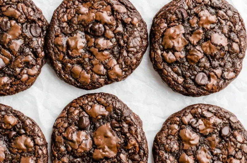 Baked brownie mix cookies with chocolate chunks on a cooling rack.