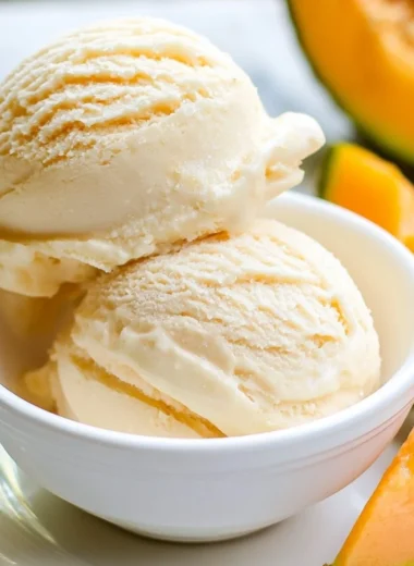 Cantaloupe sea salt ice cream in a bowl with fresh fruit slices
