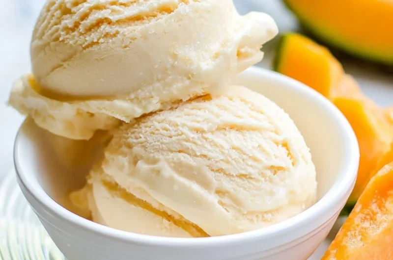 Cantaloupe sea salt ice cream in a bowl with fresh fruit slices