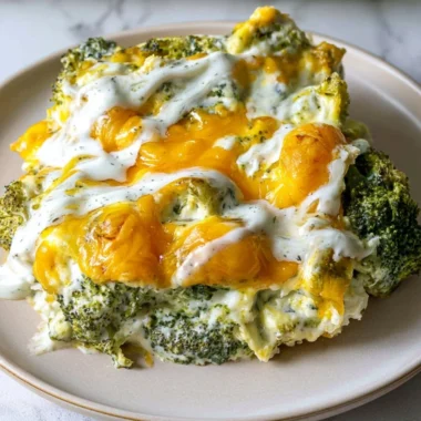 Delicious cheesy broccoli casserole served in a baking dish, perfect for family meals