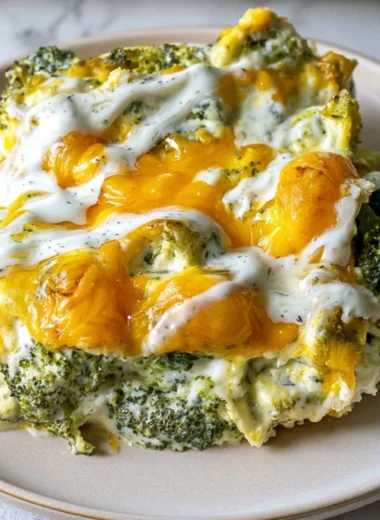 Delicious cheesy broccoli casserole served in a baking dish, perfect for family meals