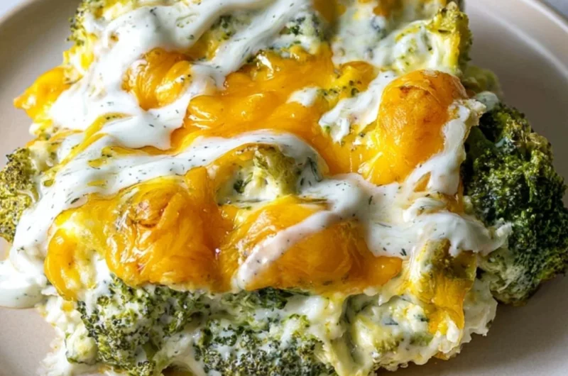 Delicious cheesy broccoli casserole served in a baking dish, perfect for family meals