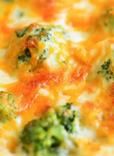 Delicious Cheesy Chicken Broccoli Bake served in a casserole dish