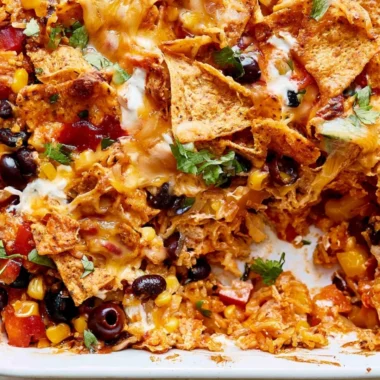 Delicious Cheesy Dorito Veggie Casserole baked and ready to serve