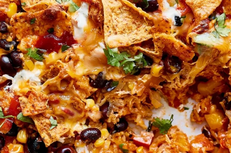 Delicious Cheesy Dorito Veggie Casserole baked and ready to serve