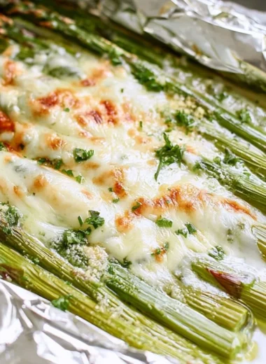 Cheesy grilled asparagus in foil packs ready for the grill
