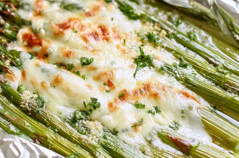 Cheesy grilled asparagus in foil packs ready for the grill