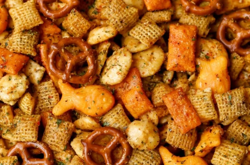 Bowl of Cheesy Ranch Chex Mix with a vibrant mix of snacks