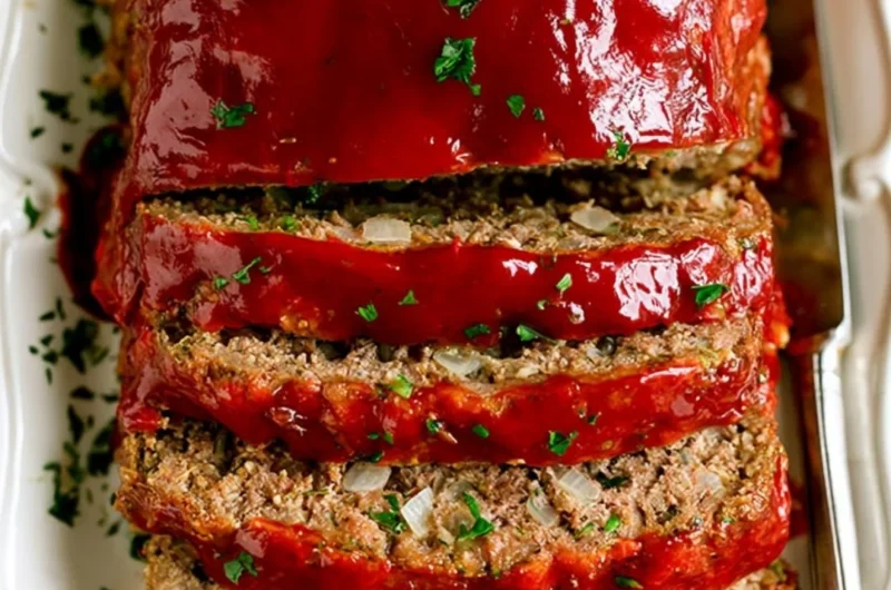 A slice of classic meatloaf on a plate with fresh herbs and side dishes
