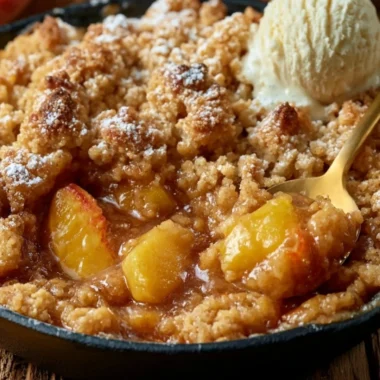 Delicious classic Southern peach cobbler served warm with ice cream.