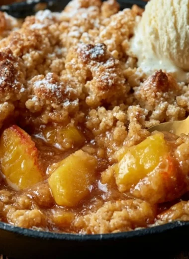Delicious classic Southern peach cobbler served warm with ice cream.