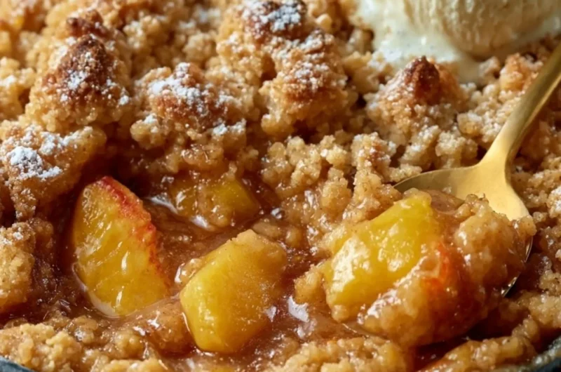 Delicious classic Southern peach cobbler served warm with ice cream.
