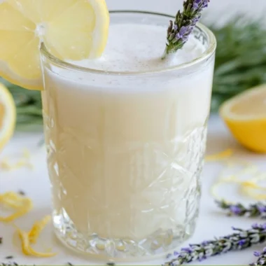 Coconut Lavender Lemonade Mocktail in a glass with lavender garnish