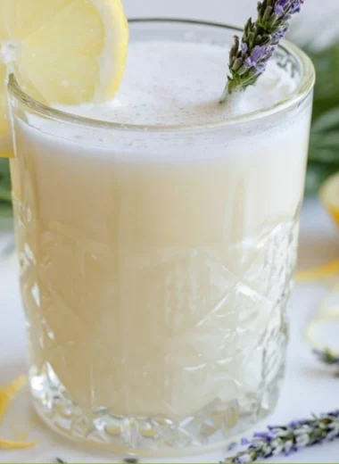 Coconut Lavender Lemonade Mocktail in a glass with lavender garnish
