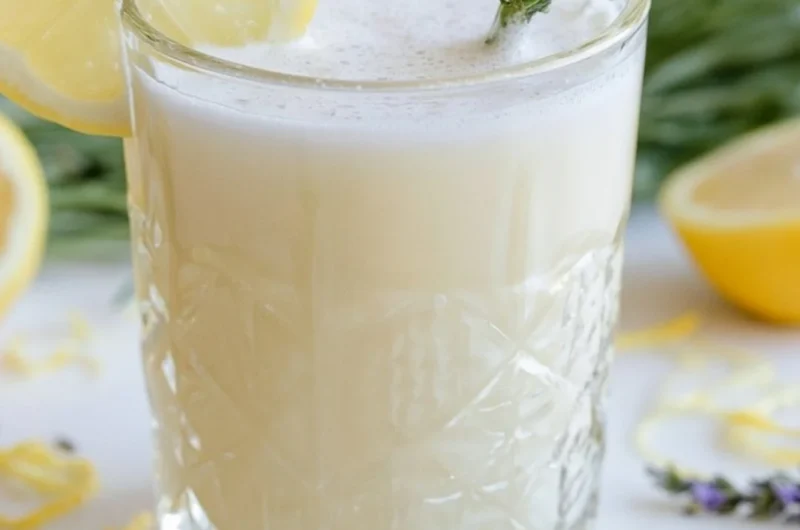 Coconut Lavender Lemonade Mocktail in a glass with lavender garnish