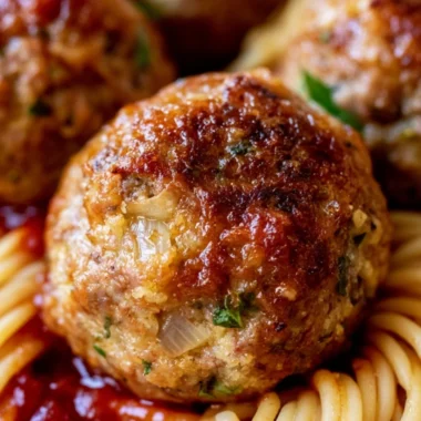 Delicious homemade meatballs served with spaghetti and marinara sauce.