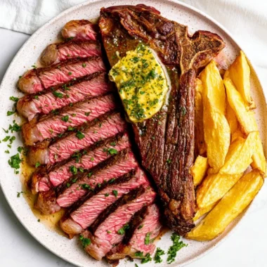 Cozy oven baked steak served with garlic butter on a plate