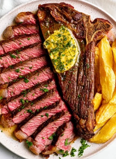 Cozy oven baked steak served with garlic butter on a plate