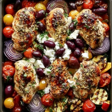 Cozy sheet pan Greek chicken with mixed veggies ready to serve.