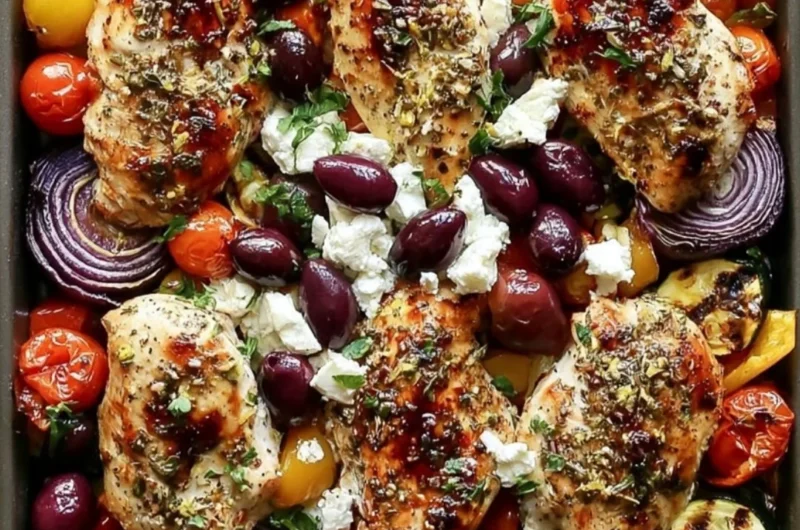 Cozy sheet pan Greek chicken with mixed veggies ready to serve.