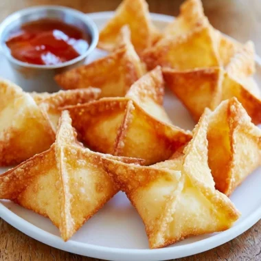 Delicious Crab Rangoon with creamy filling and crispy exterior served with dipping sauce.