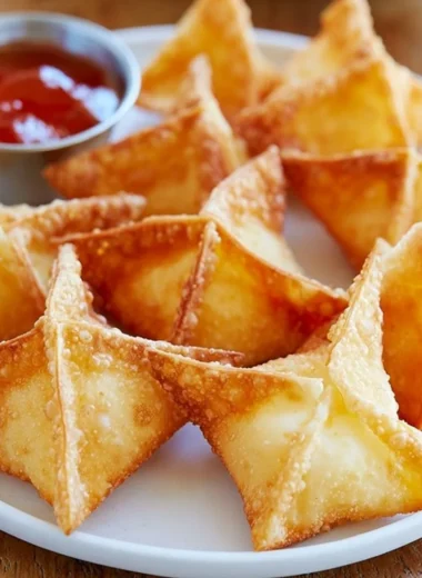 Delicious Crab Rangoon with creamy filling and crispy exterior served with dipping sauce.