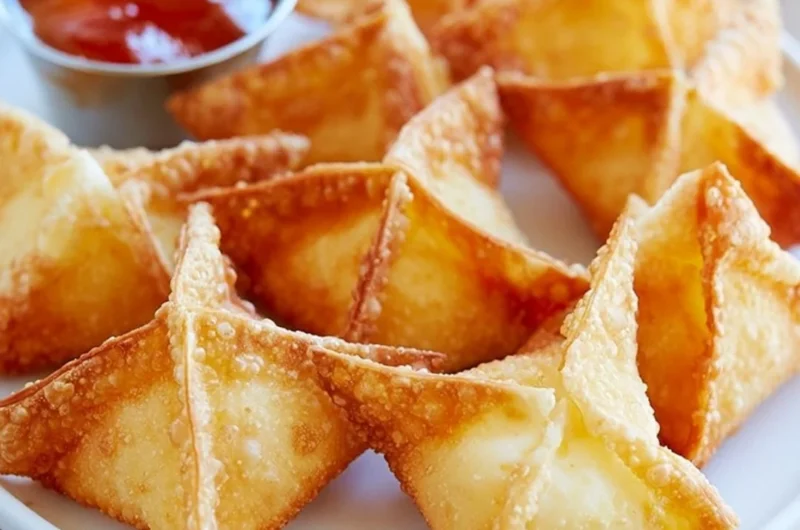 Delicious Crab Rangoon with creamy filling and crispy exterior served with dipping sauce.