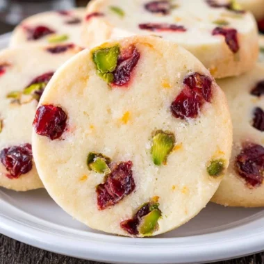 Delicious cranberry pistachio shortbread cookies on a rustic wooden surface