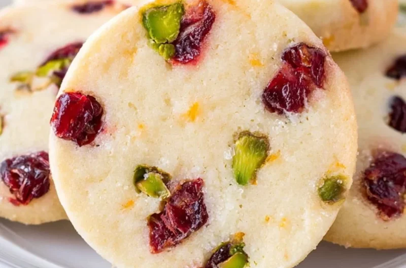 Delicious cranberry pistachio shortbread cookies on a rustic wooden surface