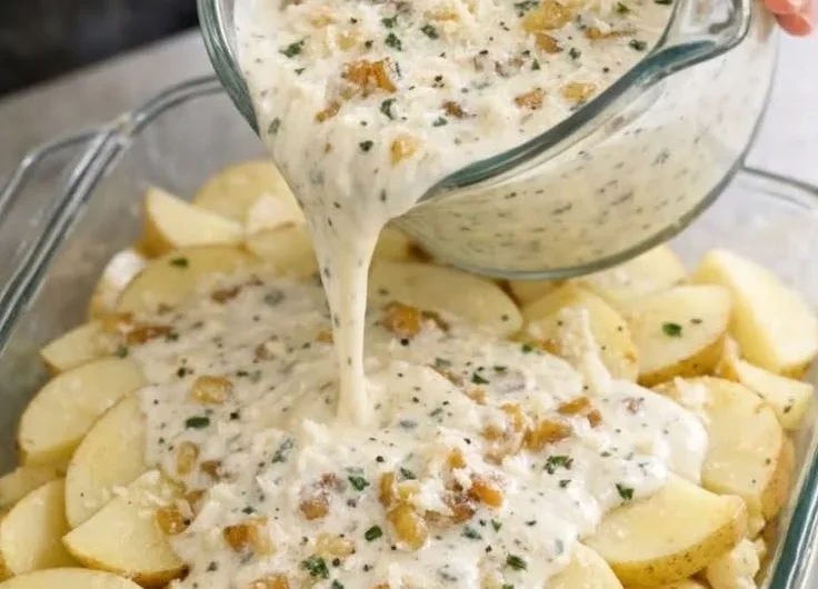 Creamy Parmesan oven-baked potatoes served in a dish