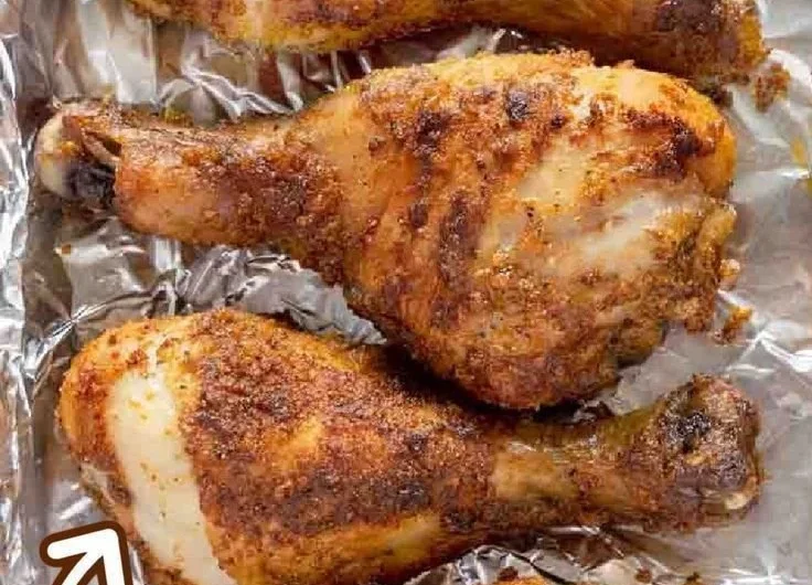 Crispy baked chicken legs ready to serve with garnishes.