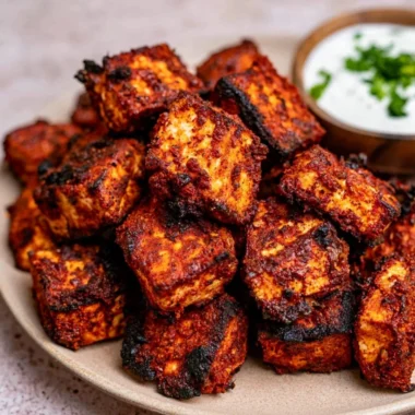 Crispy Cajun Tofu Bites with spices on a plate