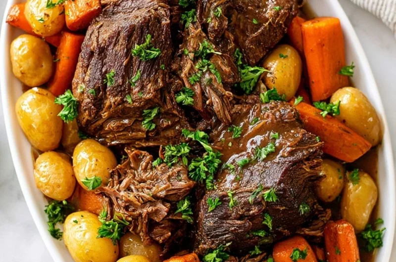 Delicious crock pot pot roast with vegetables and herbs in a slow cooker.