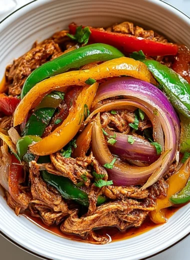 Delicious Crockpot Fajitas with chicken and peppers in a slow cooker.