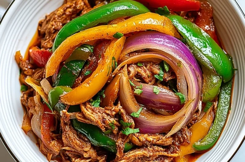 Delicious Crockpot Fajitas with chicken and peppers in a slow cooker.