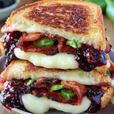 Delicious blackberry bacon grilled cheese sandwich with melted cheese and fresh fruit