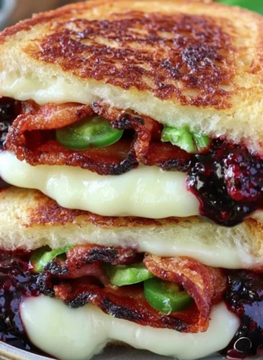 Delicious blackberry bacon grilled cheese sandwich with melted cheese and fresh fruit