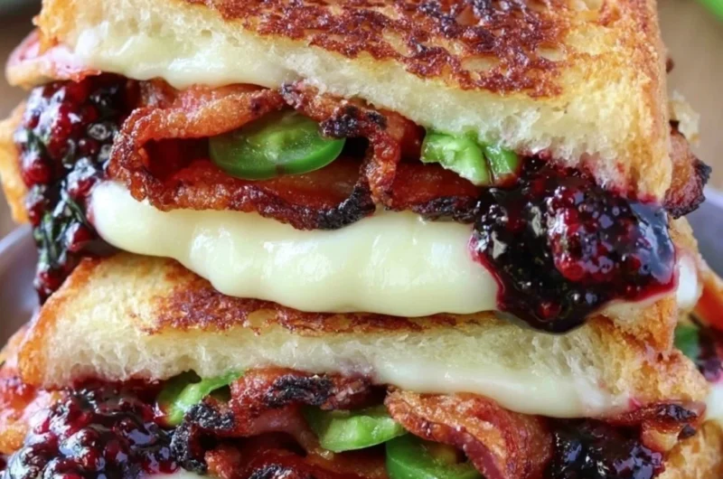 Delicious blackberry bacon grilled cheese sandwich with melted cheese and fresh fruit