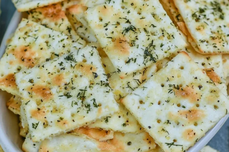 Delicious Dill Pickle Saltine Crackers on a plate for snacks