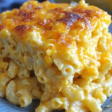 A delicious serving of easy baked mac and cheese with a golden crust.