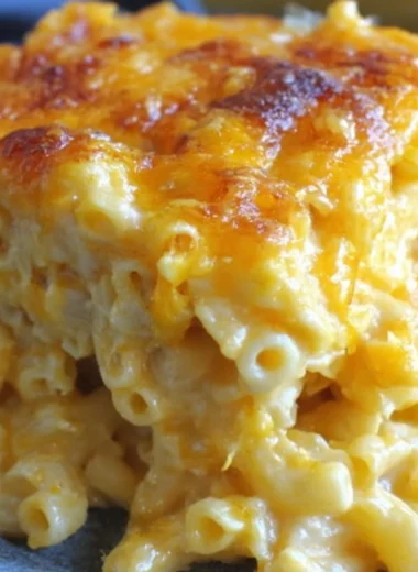 A delicious serving of easy baked mac and cheese with a golden crust.