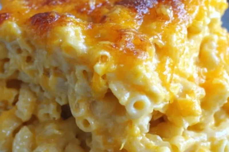 A delicious serving of easy baked mac and cheese with a golden crust.