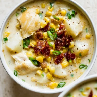 Bowl of easy chicken and corn chowder topped with herbs and served with bread